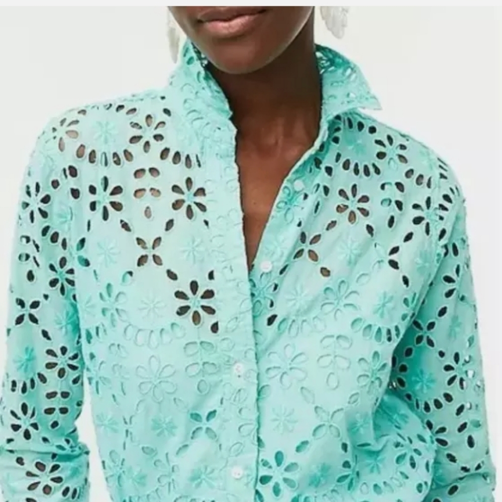 J. Crew Classic Bright Spearmint Green Embroidered Eyelet Button-Down Blouse - Picture 2 of 15